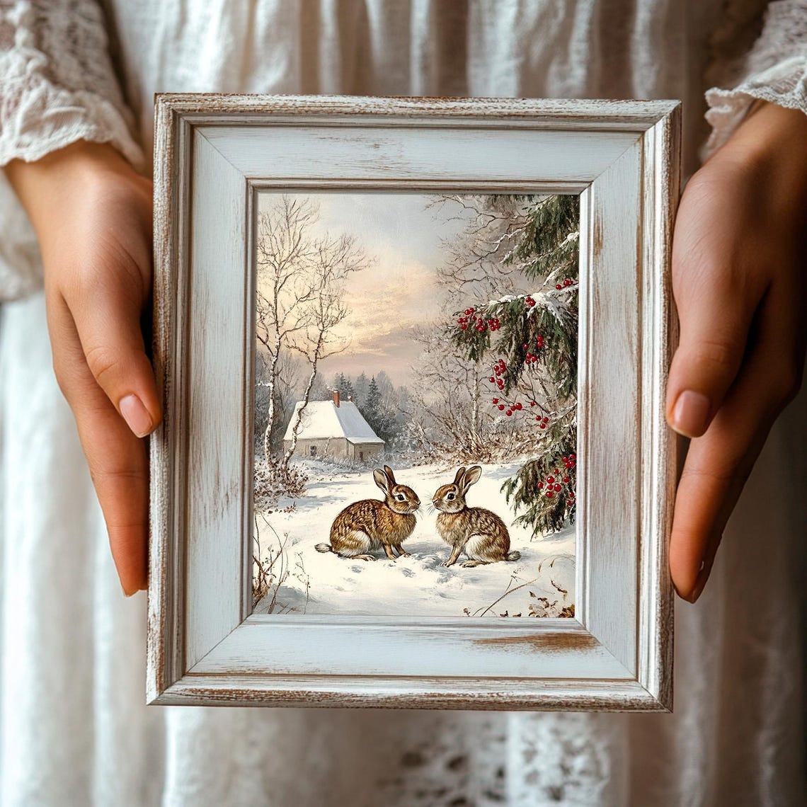 Two Rabbits Sitting Together In A Snowy Winter Woodland Poster - Image 3