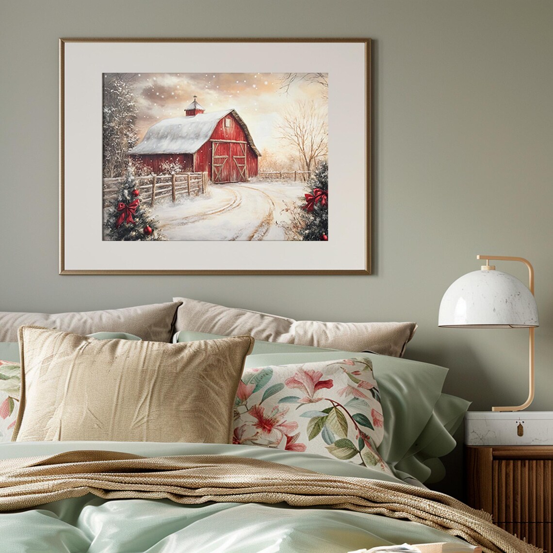 Red Barn Snowy Christmas Trees Red Bows Farmhouse Winter Art Print - Image 4