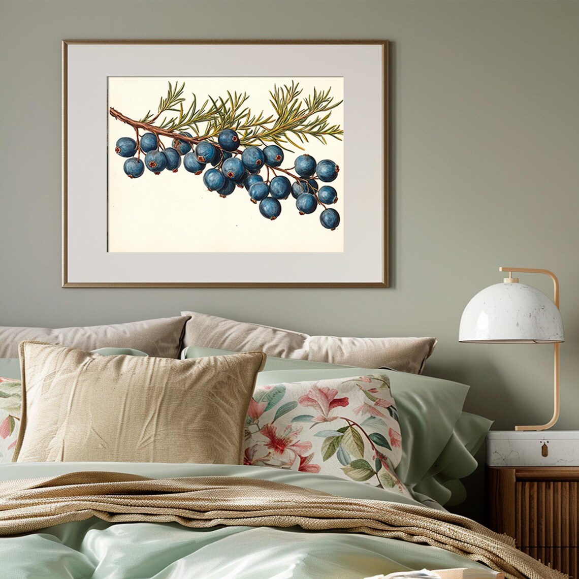 Vintage Blue Berry Branch Botanical Illustration Holiday Wall Art - Image 3