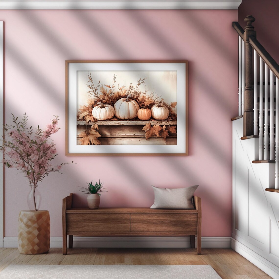 White Pumpkin Patch Fall Mantel Display Autumn Leaves Rustic Decor Poster - Image 2