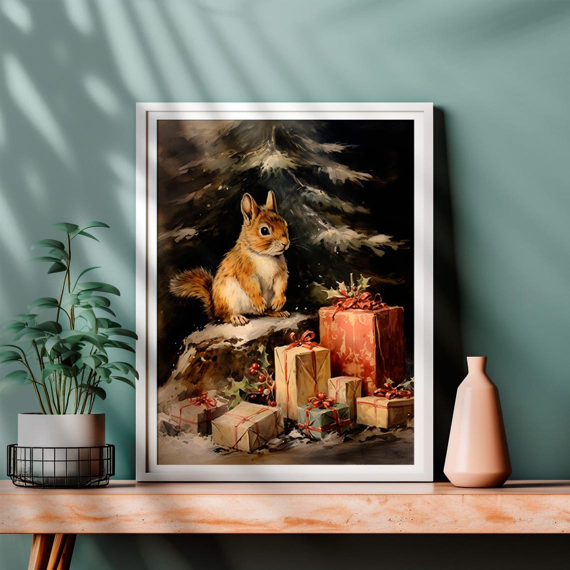 Squirrel Christmas Gifts Snowy Pine Tree Vintage Holiday Animal Poster - Image 2
