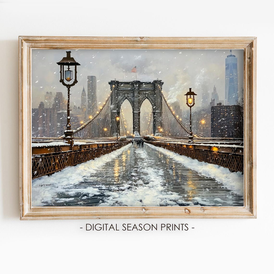 Brooklyn Bridge In Falling Snow At Dusk With Lampposts New York Poster