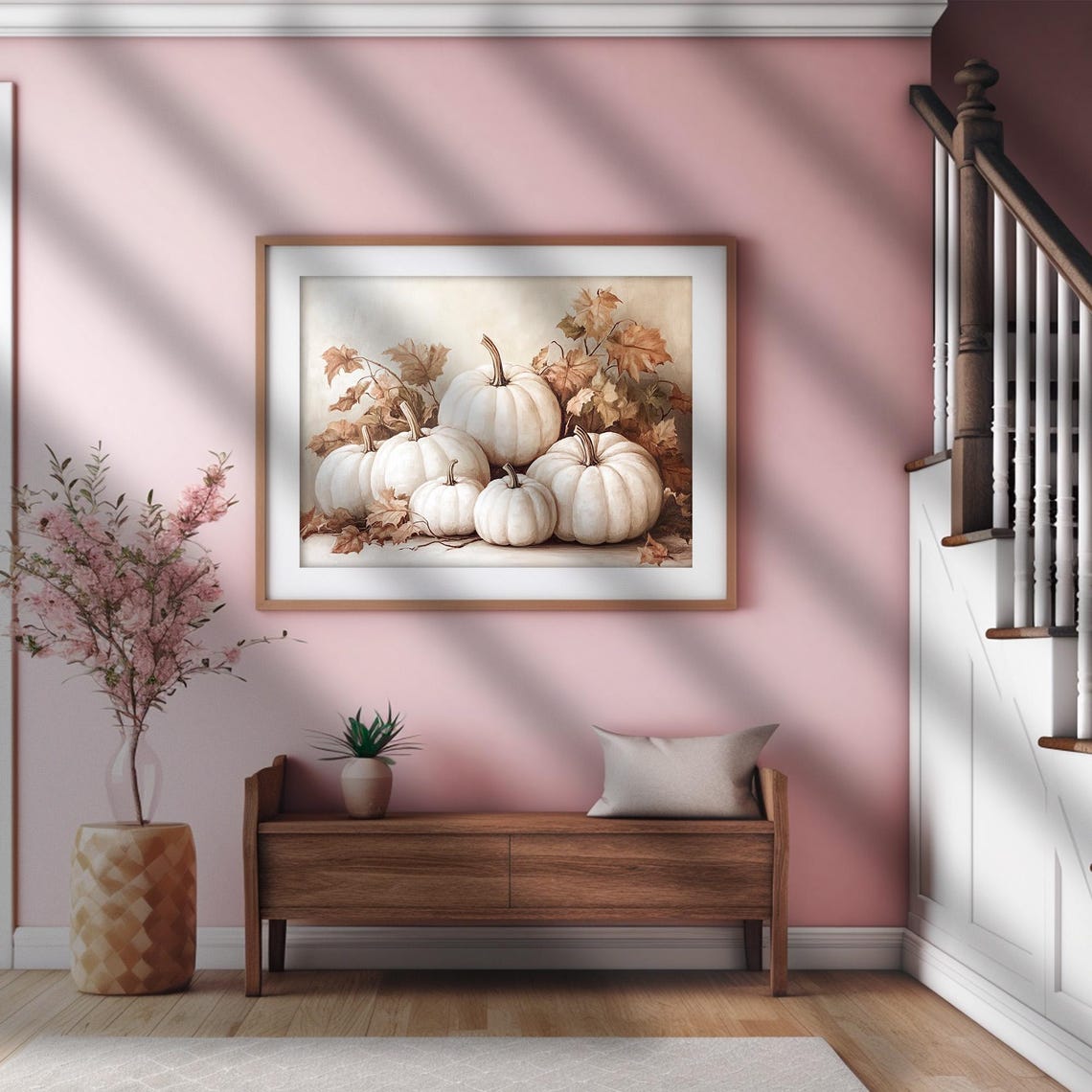 White Pumpkins with Autumn Leaves Rustic Fall Still Life Poster - Image 2