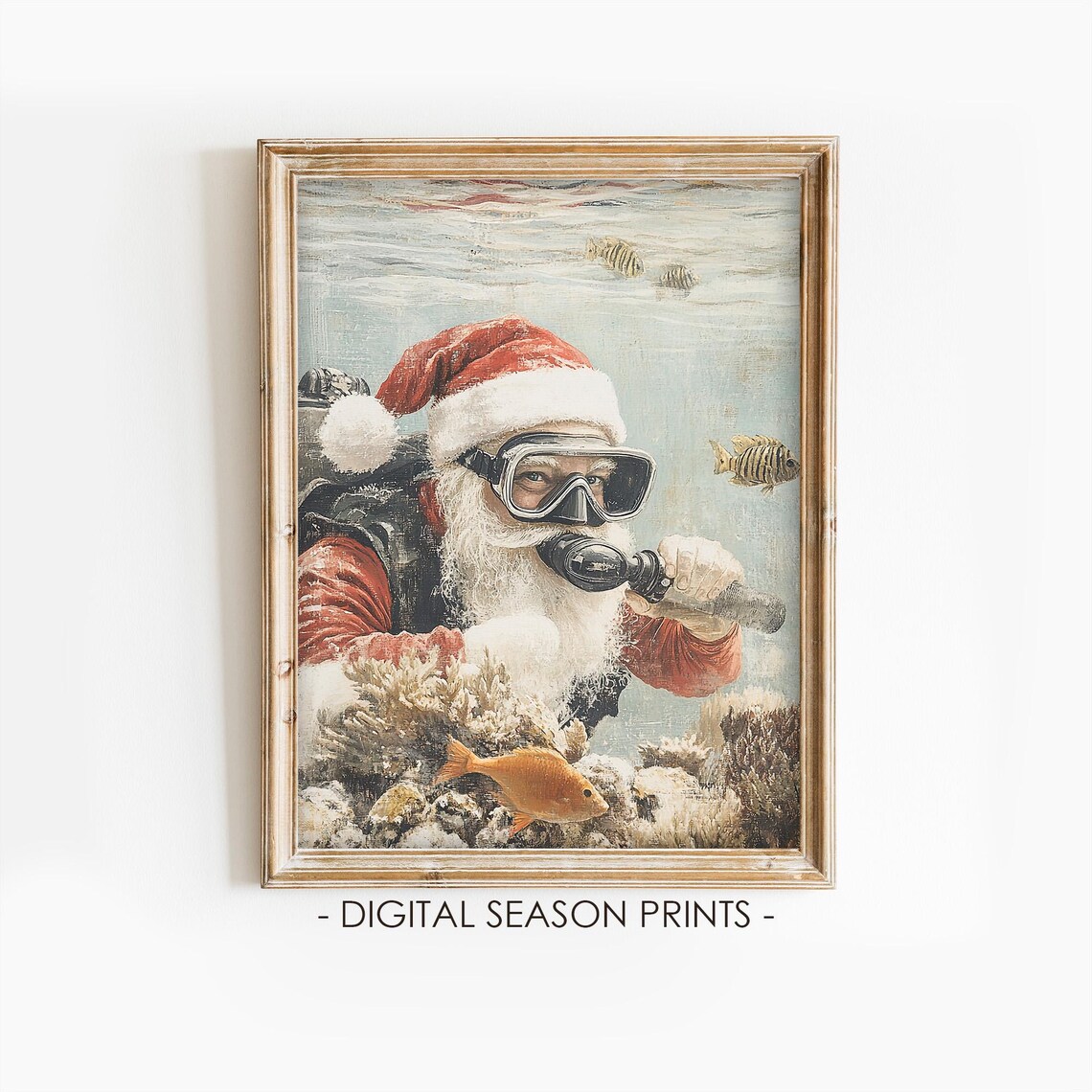 Santa Claus Scuba Diving Snorkel Underwater Tropical Christmas Print