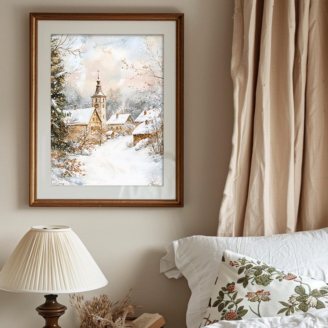 Snowy Village Watercolor With Church Tower In Soft Falling Snow Poster - Image 4