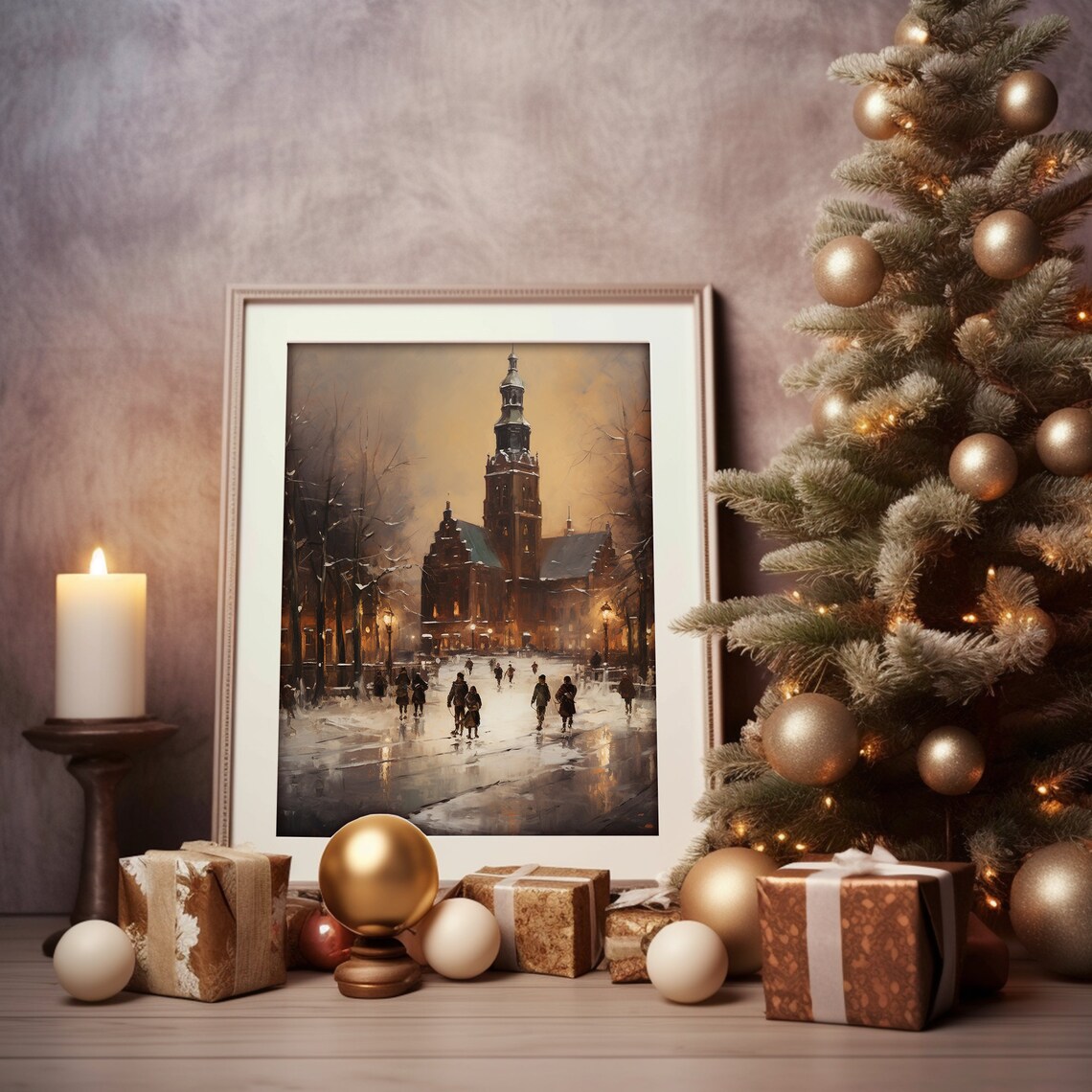 Snowy Old Church Town Square Winter Evening Oil Painting Wall Art - Image 5
