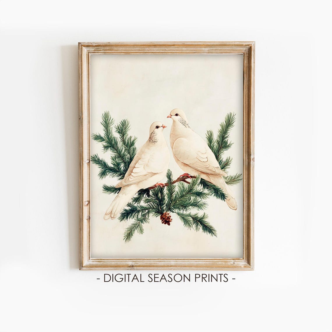 White Doves Pine Branch Elegant Christmas Bird Watercolor Art Print
