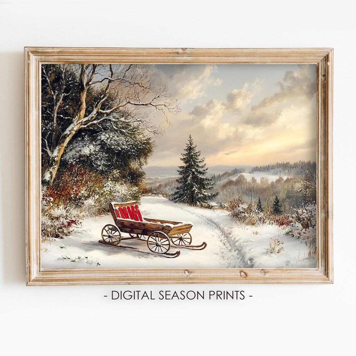 Vintage Wooden Sled Snowy Forest Path Winter Wonderland Poster