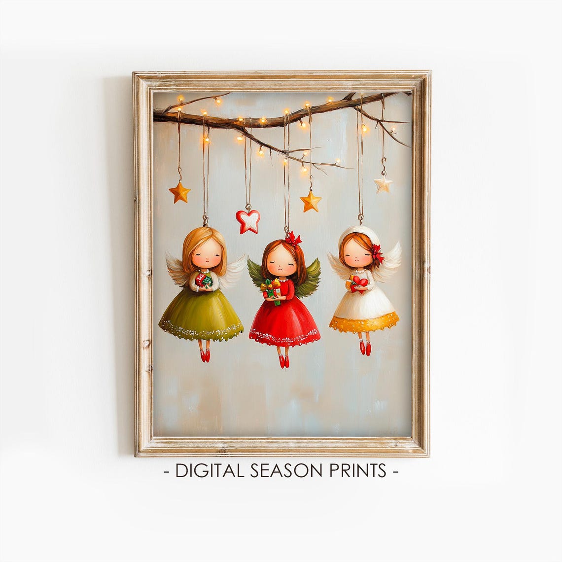 Whimsical Hanging Christmas Angel Ornaments Starry Branch Print