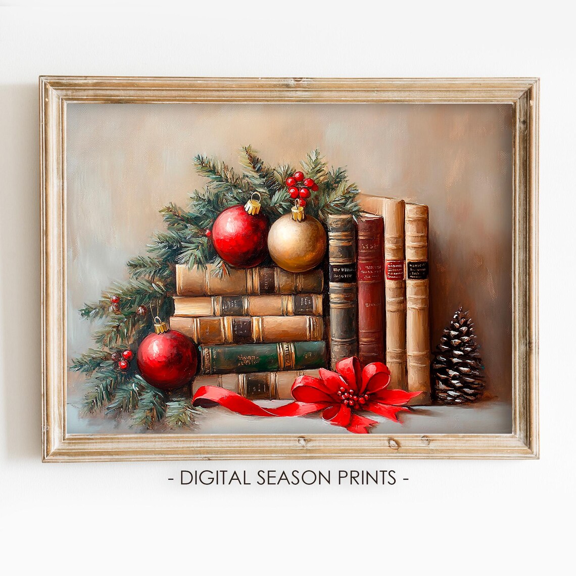 Christmas Books with Vintage Ornaments Red Ribbon Holiday Poster