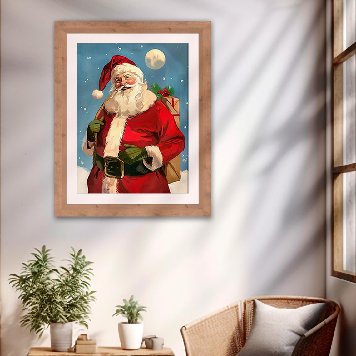 Vintage Santa Claus with Toy Sack Under Moon Snowy Night Poster - Image 4