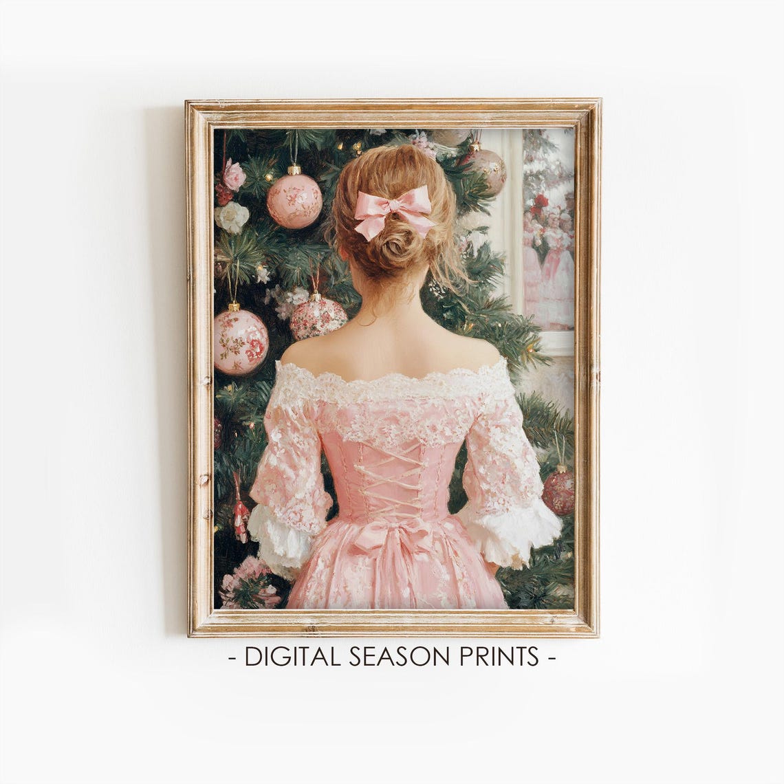 Victorian Lady In Pink Lace Gown Before Christmas Tree Holiday Poster