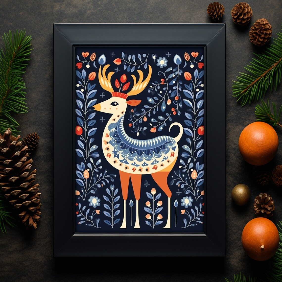 Scandinavian Folk Art Deer Navy Floral Nordic Holiday Animal Poster - Image 5