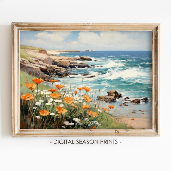 Rocky Ocean Coast with Orange Wildflowers Spring Painting Poster