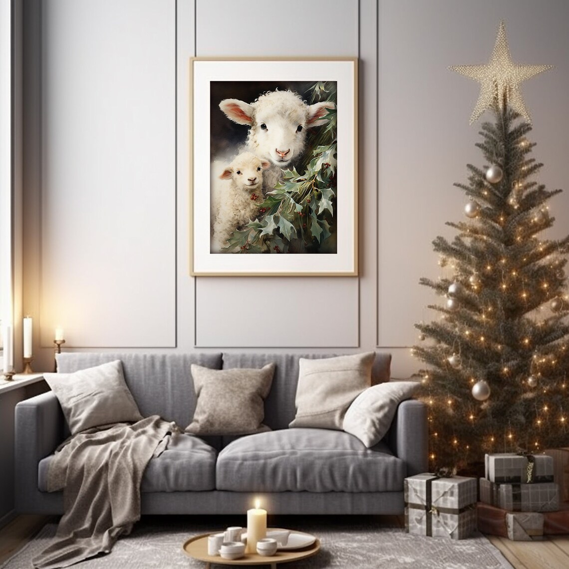 Sweet Lamb and Ewe among Holly Berries on Dark Christmas Poster - Image 5