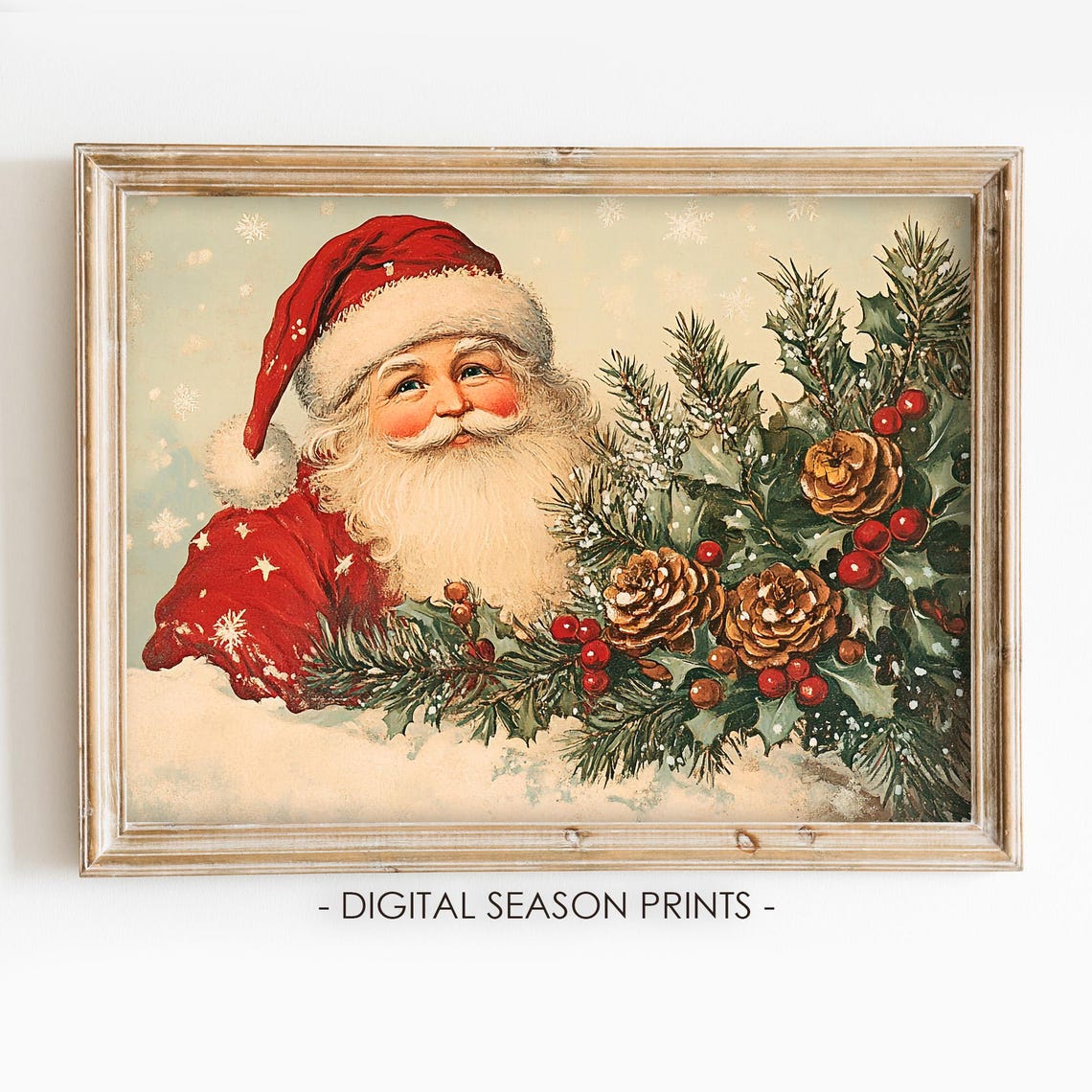 Cheerful Retro Santa Claus Christmas Pine Cones Holly Vintage Poster