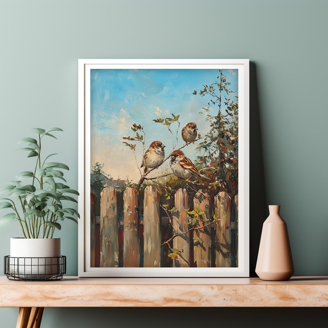Sparrows Perched Branch Wooden Fence Bright Summer Sky Bird Painting Poster - Image 5