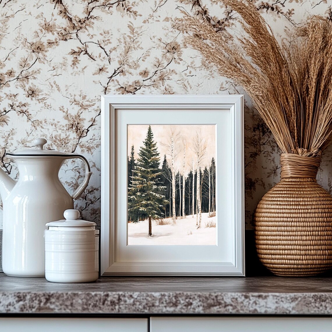 Snowy Birch And Pine Forest In Winter Neutral Beige Wall Art - Image 4
