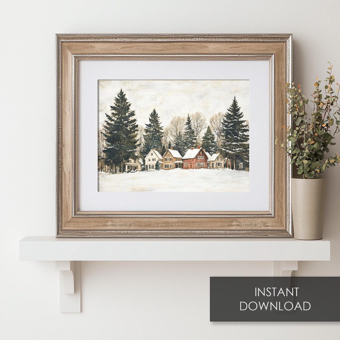 Charming Snowy Village Houses Tall Pines Rustic Winter Poster - Image 6
