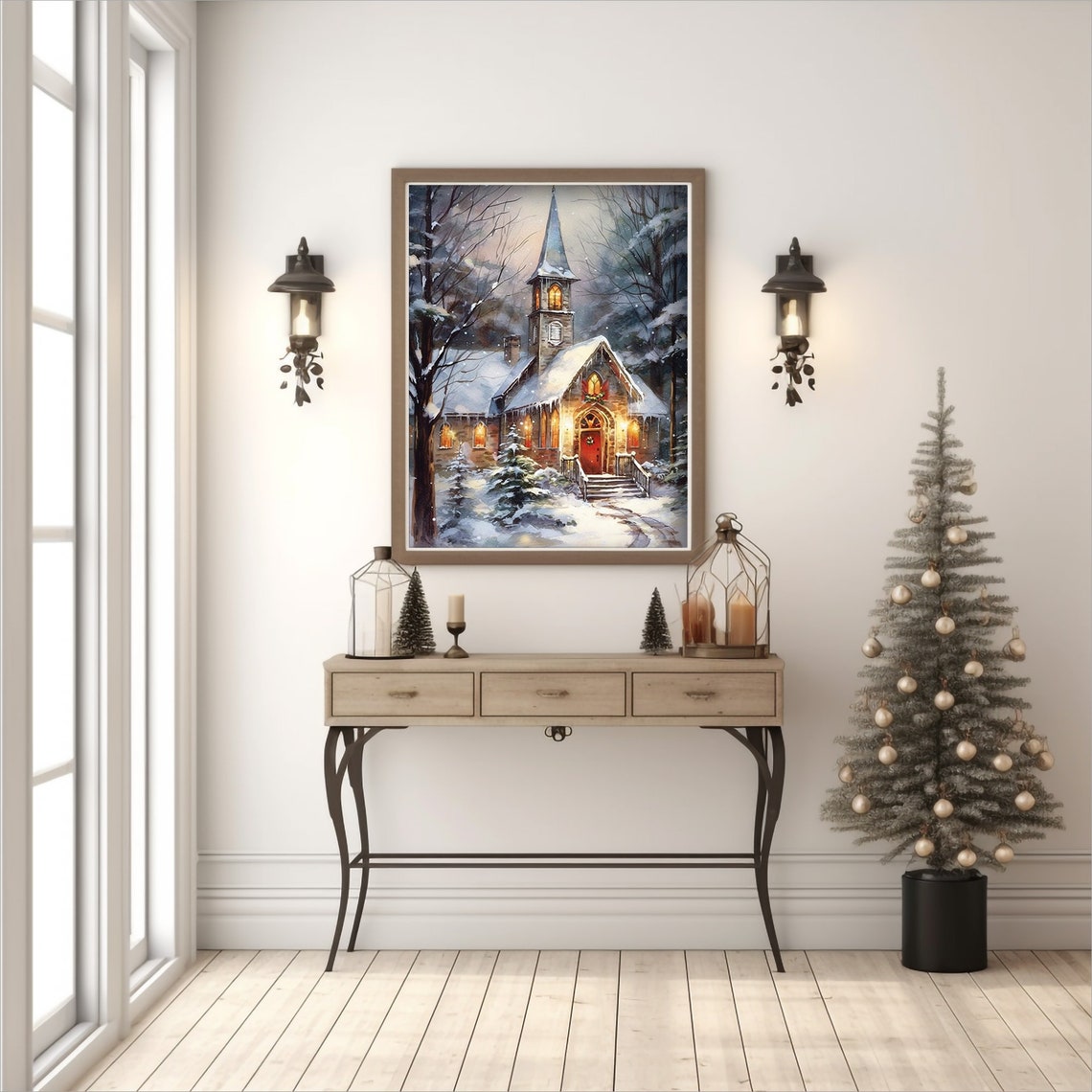 Snow Covered Chapel Glowing At Night In A Winter Forest Poster - Image 3