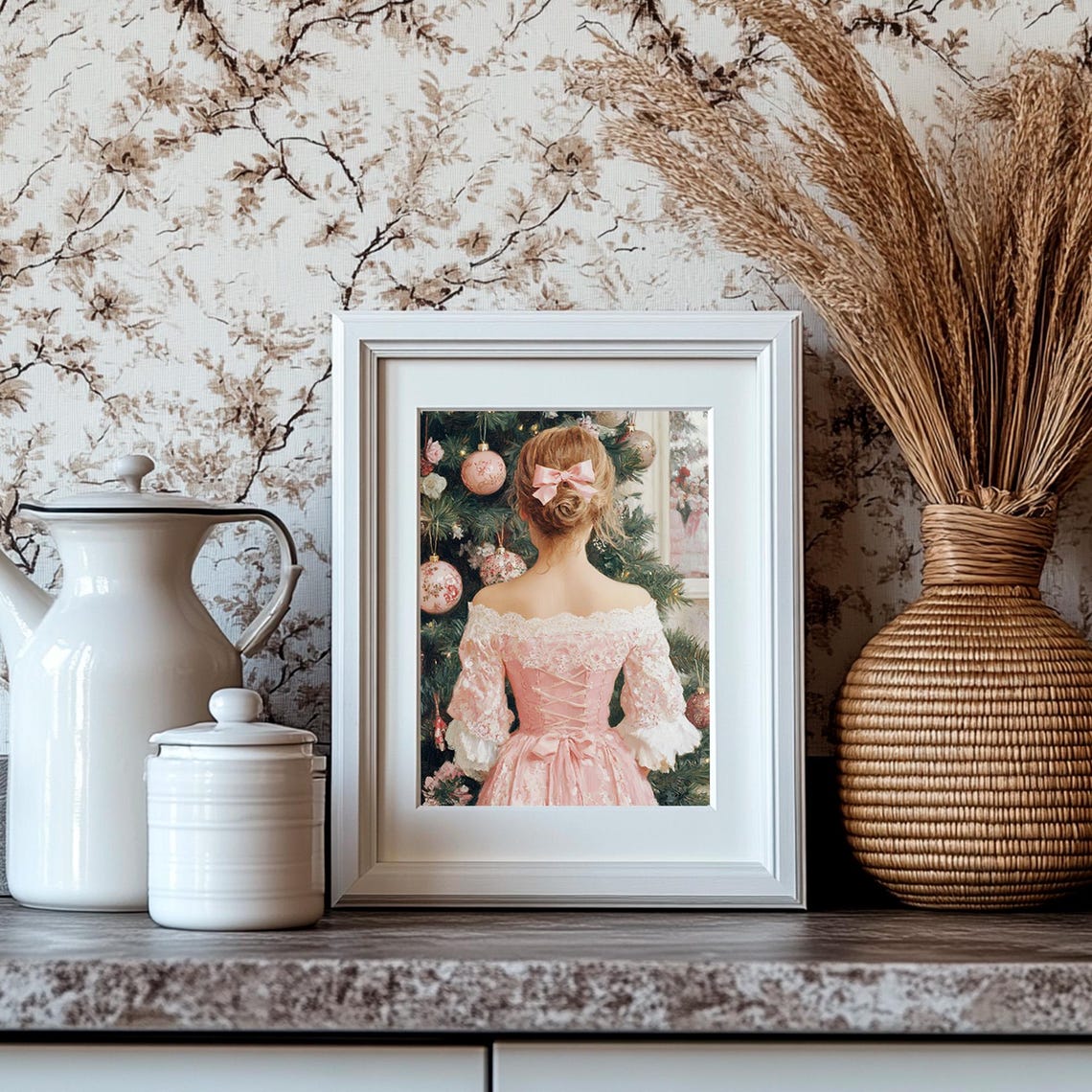 Victorian Lady In Pink Lace Gown Before Christmas Tree Holiday Poster - Image 4
