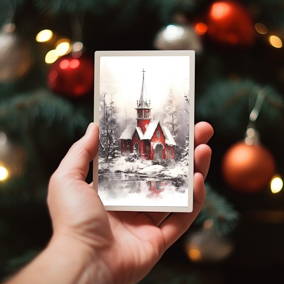 Red Church Steeple Snowy Woods Winter Chapel Scene Holiday Wall Art - Image 5