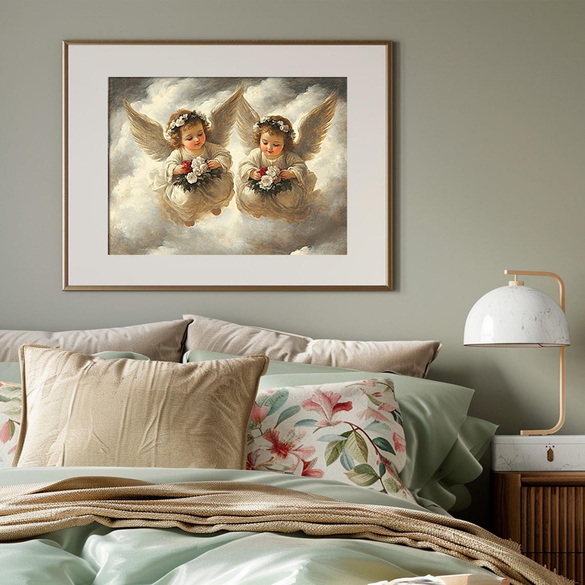 Vintage Cherub Angels in Clouds Holding Flowers Classical Print - Image 3