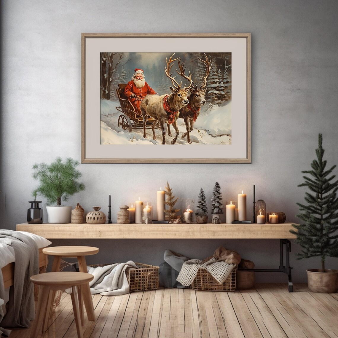Vintage Santa Claus Sleigh Ride Reindeer Team Snowy Forest Poster - Image 4