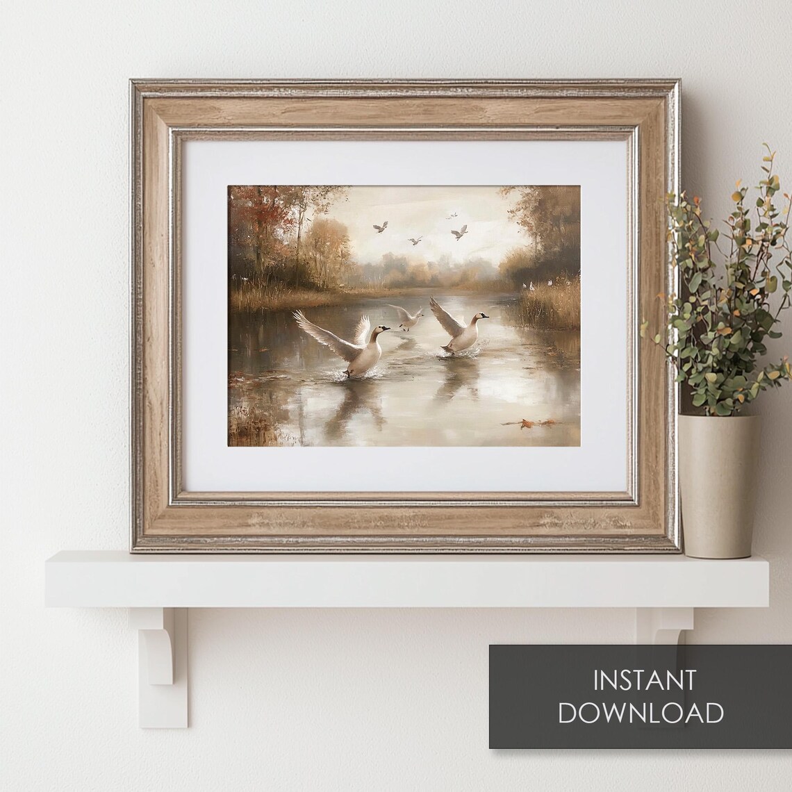 Geese Landing on a Misty Autumn Lake in Vintage Landscape Print - Image 6