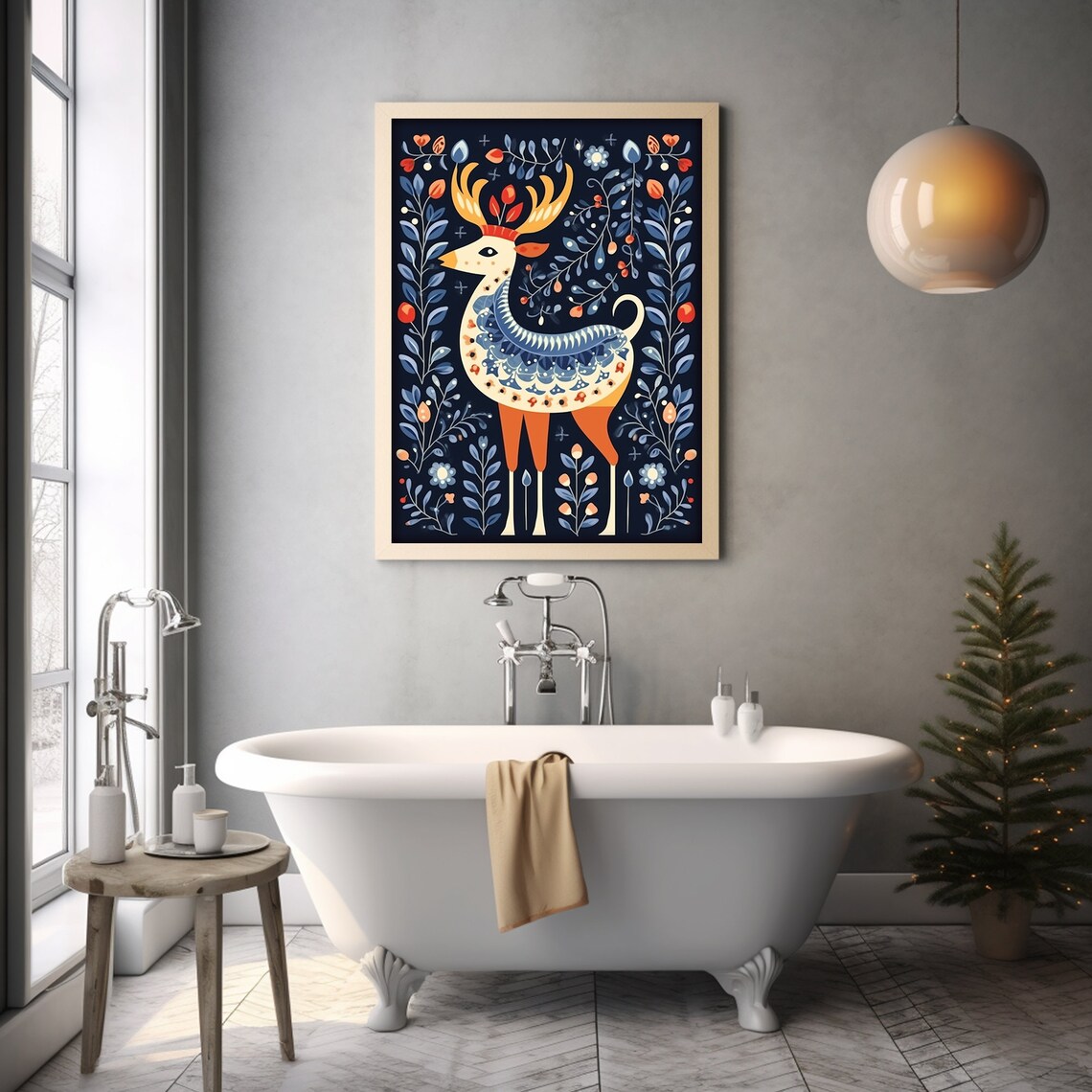 Scandinavian Folk Art Deer Navy Floral Nordic Holiday Animal Poster - Image 2