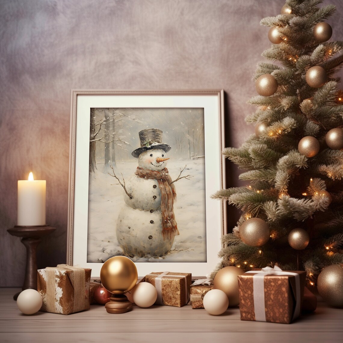 Cheerful Vintage Snowman in Top Hat and Scarf in Snowy Woods Print - Image 2