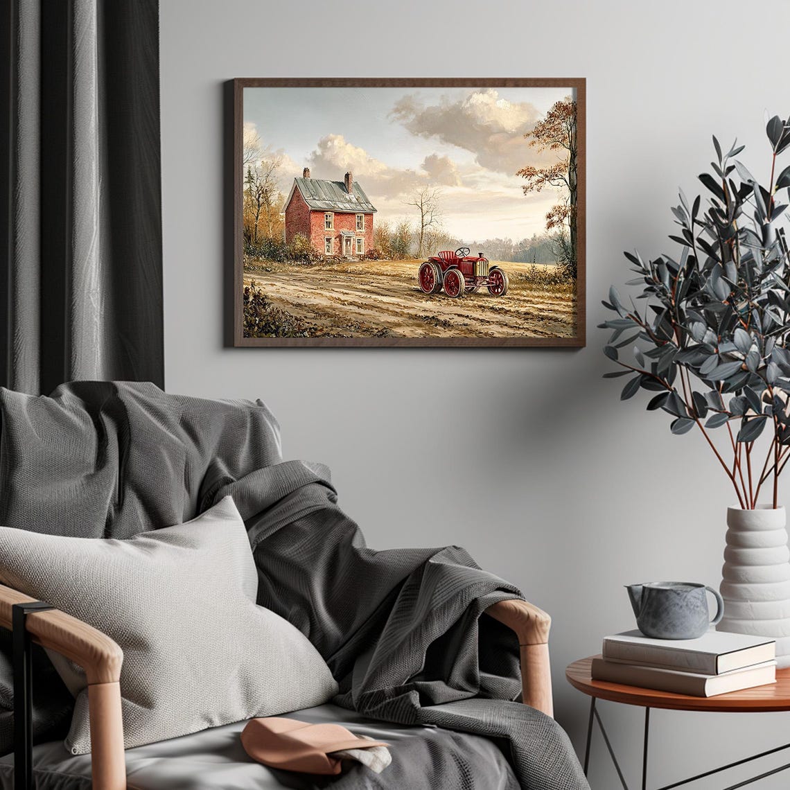Vintage Red Tractor by Brick Farmhouse Field Country Farm Poster - Image 4
