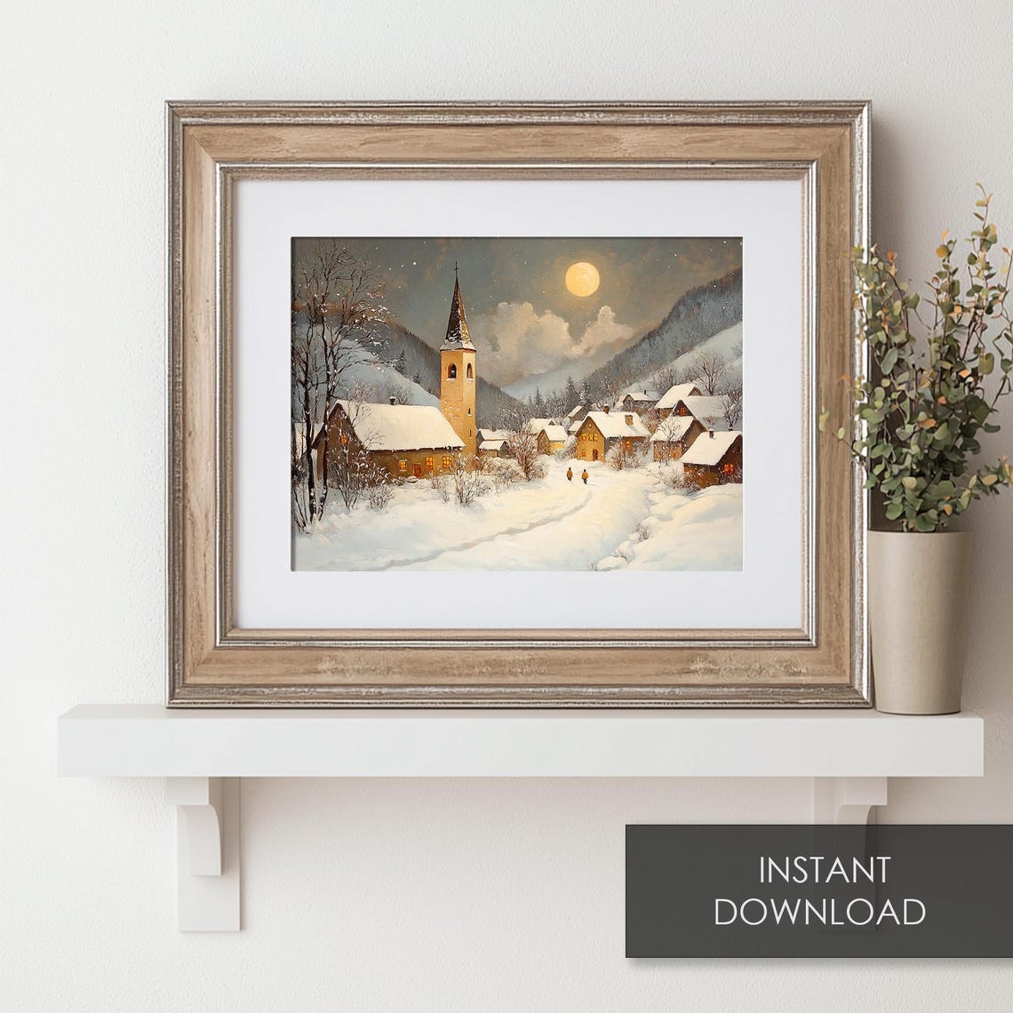 Silent Night Snowy Alpine Village Full Moon Winter Church Poster - Image 6