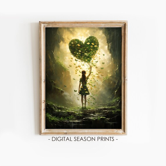 Girl Holding Giant Heart of Green Shamrock Leaves St Patricks Poster