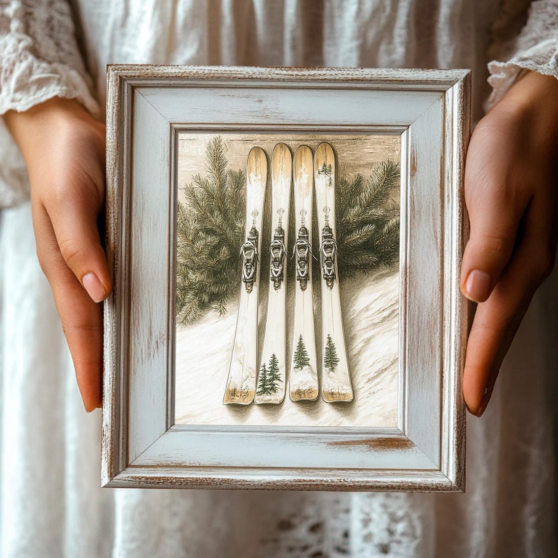 Vintage Skis Pair Pine Branches Rustic Winter Ski Lodge Wall Art - Image 3
