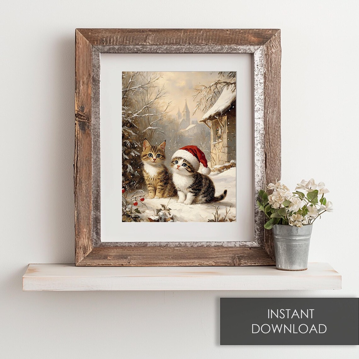 Kittens in Snow Wearing Santa Hat Winter Cottage Christmas Poster - Image 6