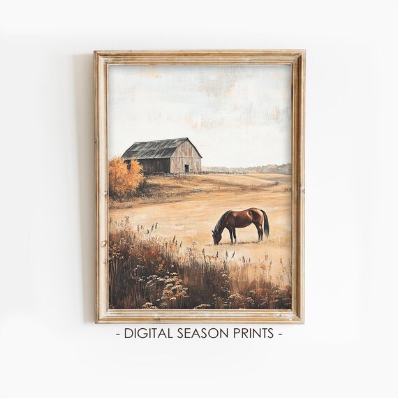 Horse Grazing in a Golden Field Before an Old Barn Autumn Poster