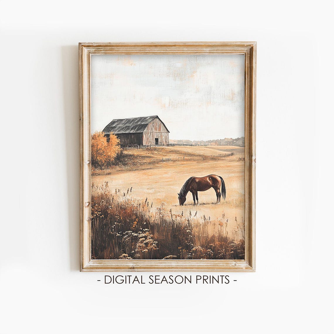 Horse Grazing in a Golden Field Before an Old Barn Autumn Poster