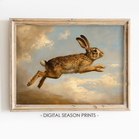 Leaping Hare Through Cloudy Sky Vintage Easter Wildlife Poster