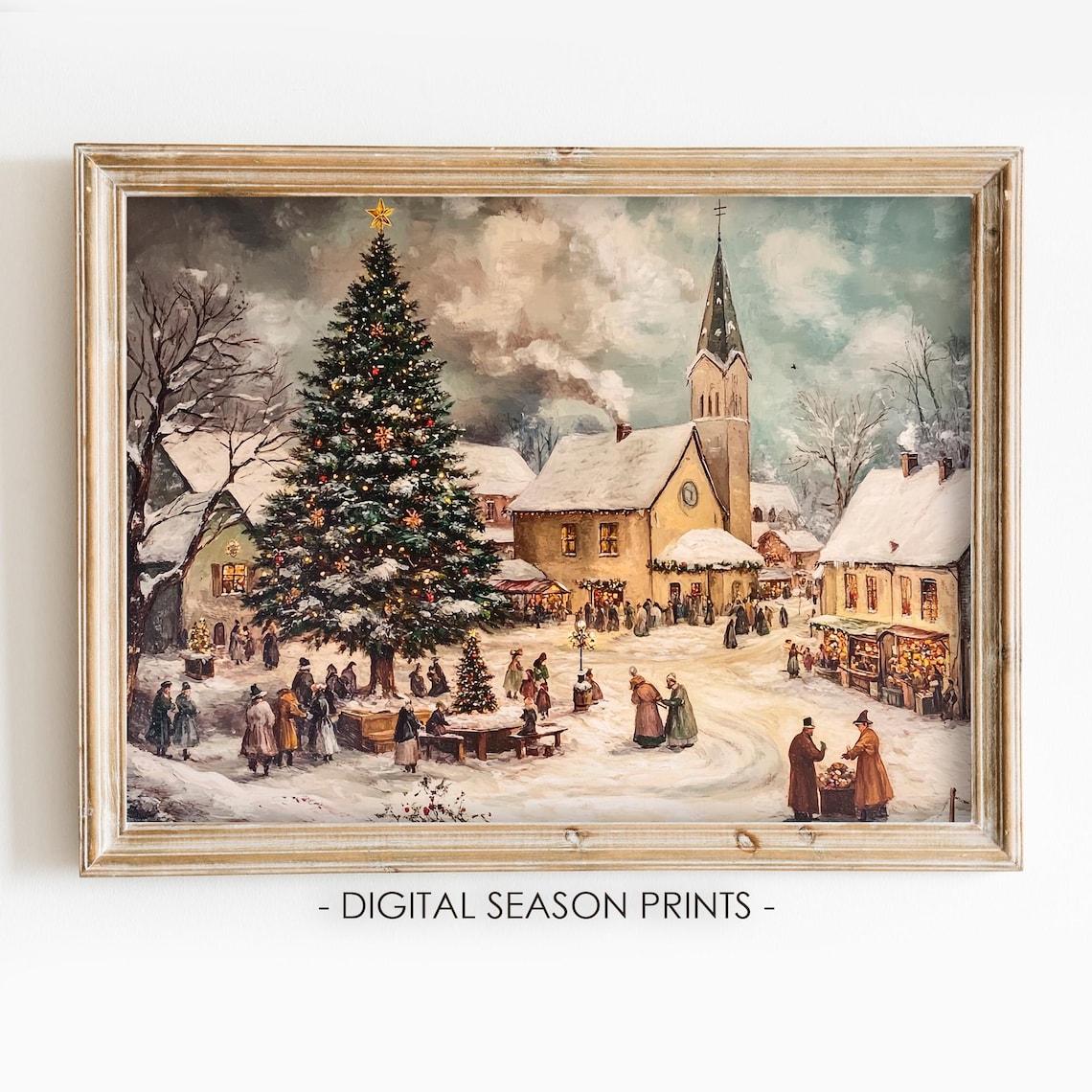Vintage Christmas Town With Church Art Print