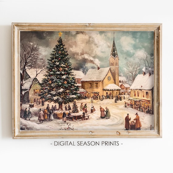 Vintage Christmas Town With Church Art Print