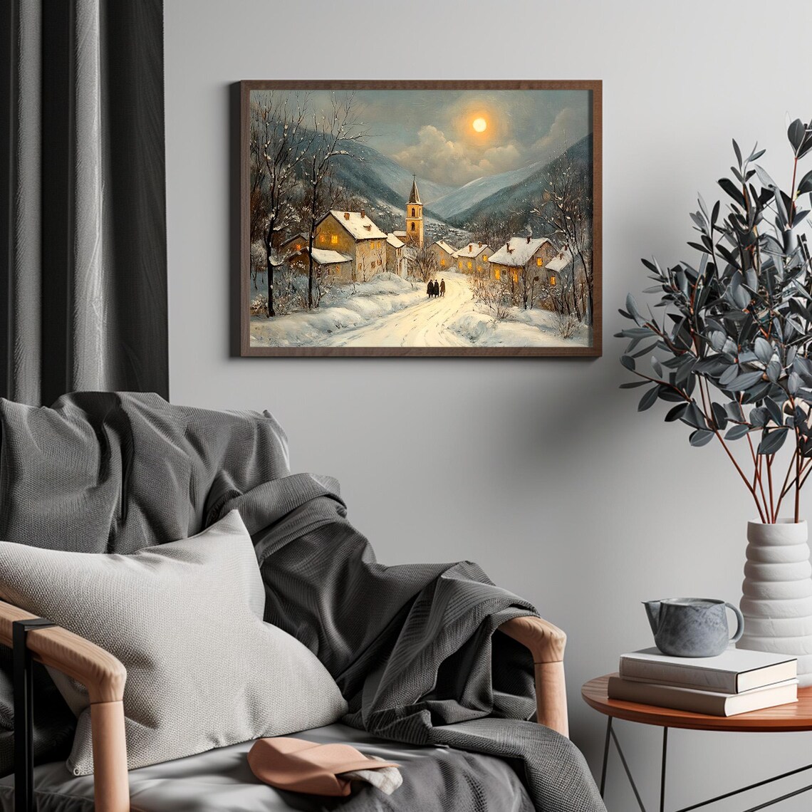 Moonlit Snowy Alpine Village with Glowing Windows Christmas Poster - Image 4