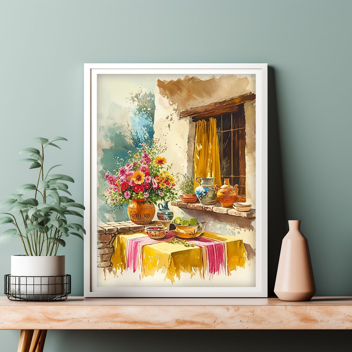 Mexican Kitchen Flowers Pottery Watercolor Rustic Table Scene Poster - Image 4
