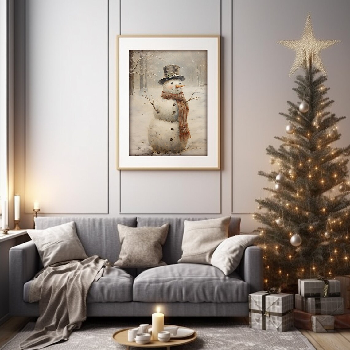 Cheerful Vintage Snowman in Top Hat and Scarf in Snowy Woods Print - Image 4