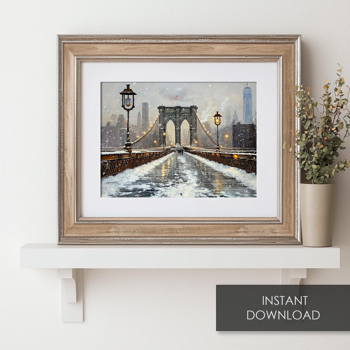Brooklyn Bridge In Falling Snow At Dusk With Lampposts New York Poster - Image 6