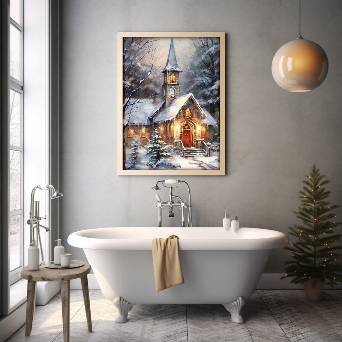 Snow Covered Chapel Glowing At Night In A Winter Forest Poster - Image 2