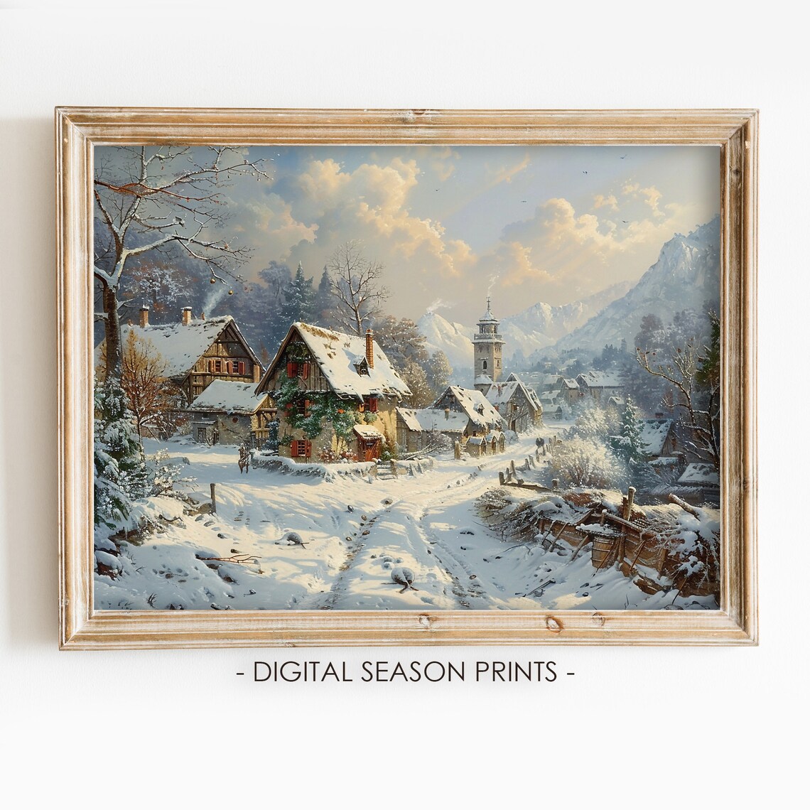 Snowy Christmas Village Church Winter Mountain Landscape Wall Art