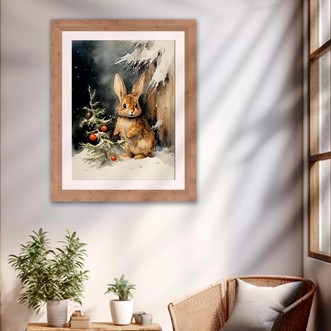 Vintage Christmas Bunny Snowy Night Small Tree Ornaments Poster - Image 2