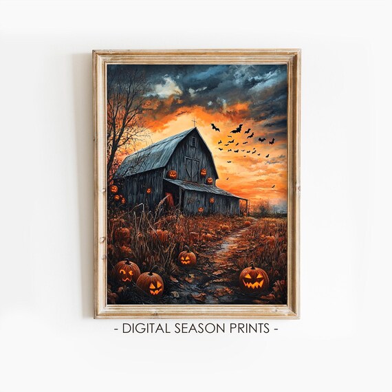 Spooky Halloween Barn Jack O Lanterns Bats Fiery Sunset Pumpkin Art Poster