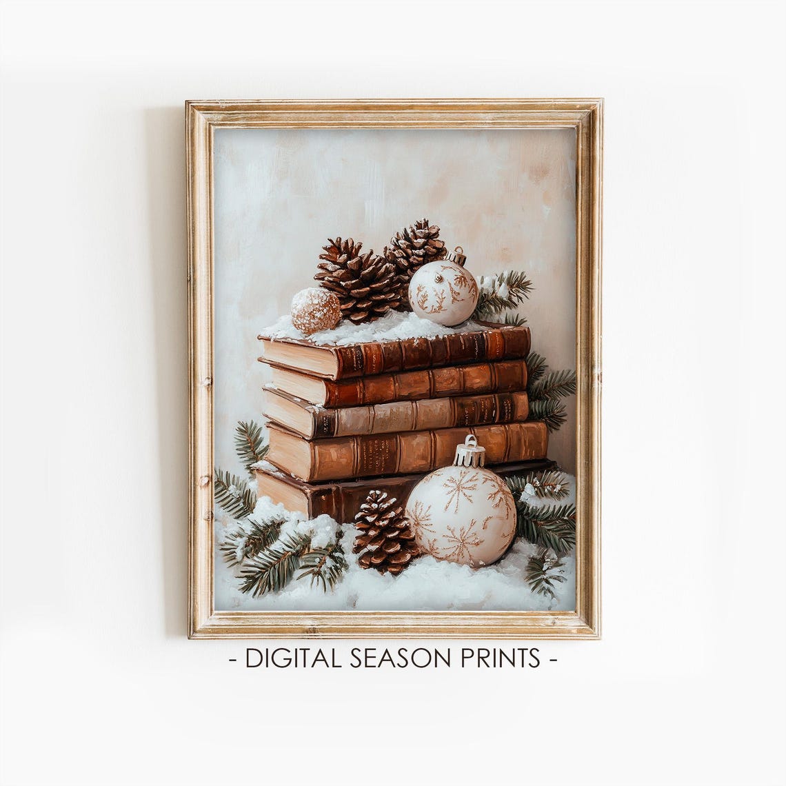 Stack of Vintage Books with Snow Pinecones and Ornaments Winter Poster